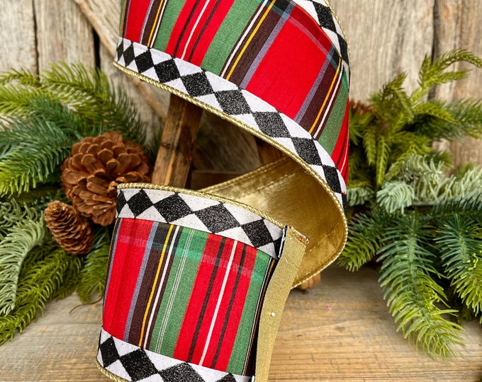 4" Christmas  Plaid Ribbon, Harlequin Trim Ribbon