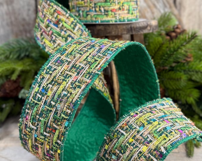 2.5" Green Tweed Ribbon, Farrisilk Jolly Tweed Ribbon, Christmas Tweed Ribbon, RS288-55