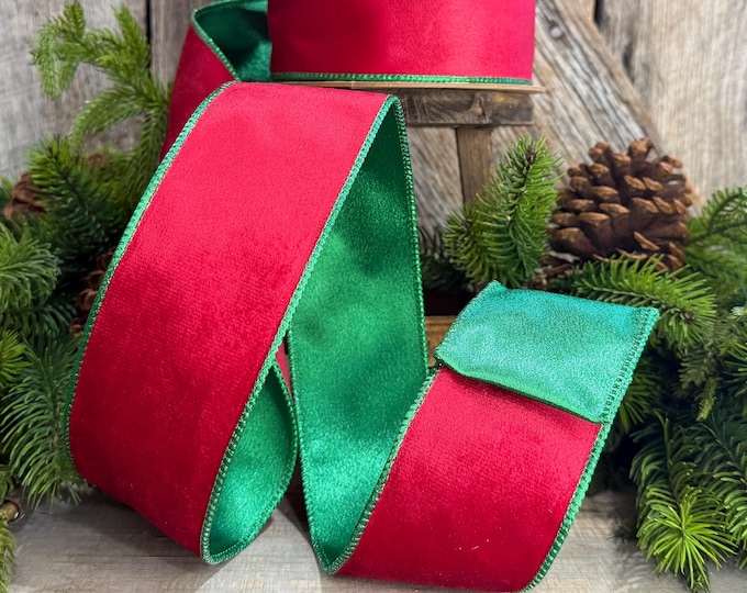 2.5" Red Green Velvet Ribbon, Red Velvet Ribbon, Christmas RIbbon, Red and Green Velvet Ribbon, Designer Ribbon, Gift Wrap Ribbon, Christmas