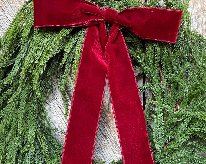 18" Burgundy Velvet Bow, Wreath Bow, Christmas Bow, Ruby Velvet Bow, Simple Bow, Unwired Bow, Bow for Christmas Tree, (bow only)