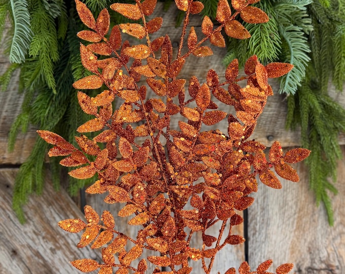 28" Orange Glitter Fern Spray, Halloween Greenery, Orange Spray