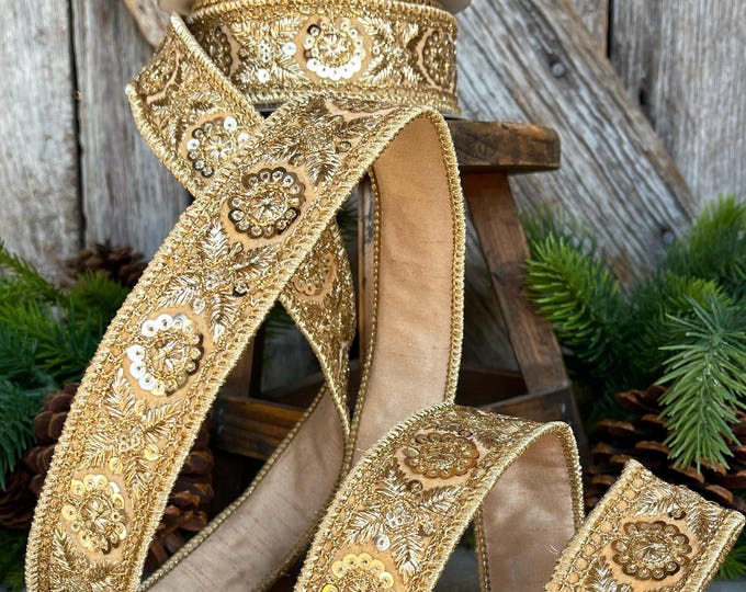 1.5" Gold Sequin Ribbon, Christmas Ribbon, Gold Ribbon for Tree