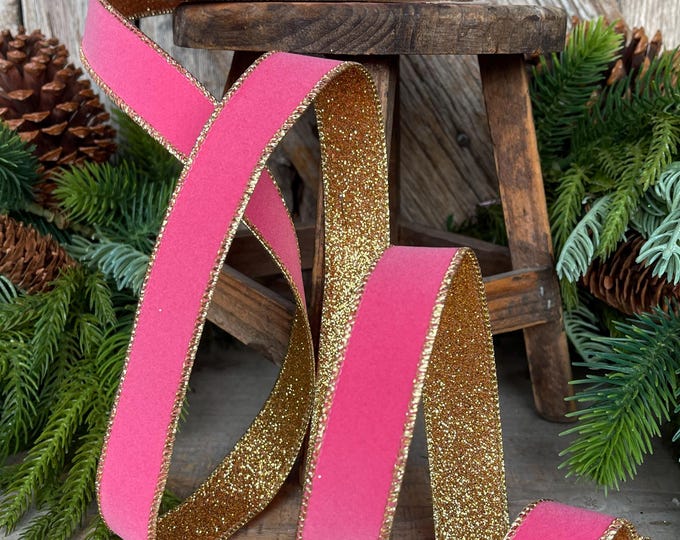 Bubblegum Pink & Gold Wired Ribbon: Farrisilk 1" Gold Gleam
