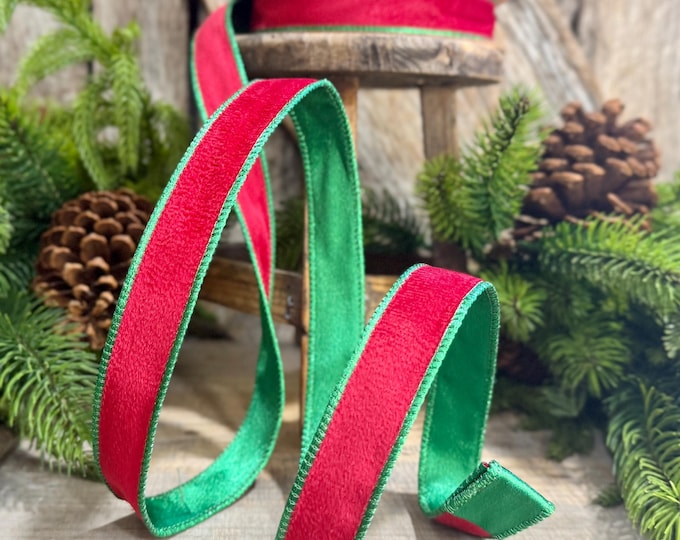 1" Red Green Velvet Ribbon, Red Velvet Ribbon, Christmas RIbbon, Red and Green Velvet Ribbon, Designer Ribbon, Gift Wrap Ribbon, Christmas