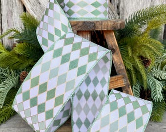 2.5" Sage Green Harlequin Ribbon, Spring Summer Ribbon