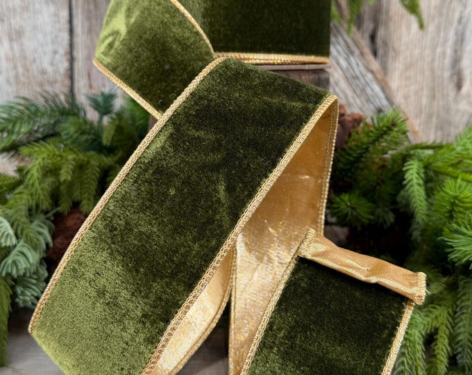 2.5" Forest Green Velvet Ribbon, Moss Green & Gold Velvet Ribbon, Christmas RIbbon, Moss Green Velvet Ribbon, Designer Ribbon, Woodsy Green
