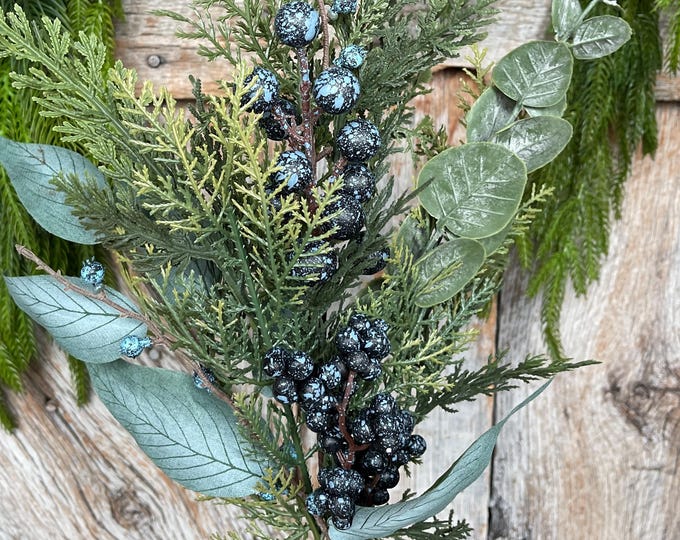 20" Blueberry Greenery Bush, Winter Blueberry Picks & Stems, Artifical Blueberry Floral Stem