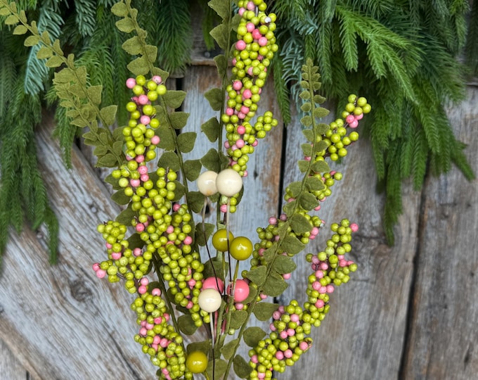 24" Green Pink Berry Spray, Spring Summer Berry Spray, Floral Spray