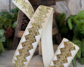 1.5” Ivory Jeweled Wired Ribbon, Gold Geometric Accent, 10-Yard Roll