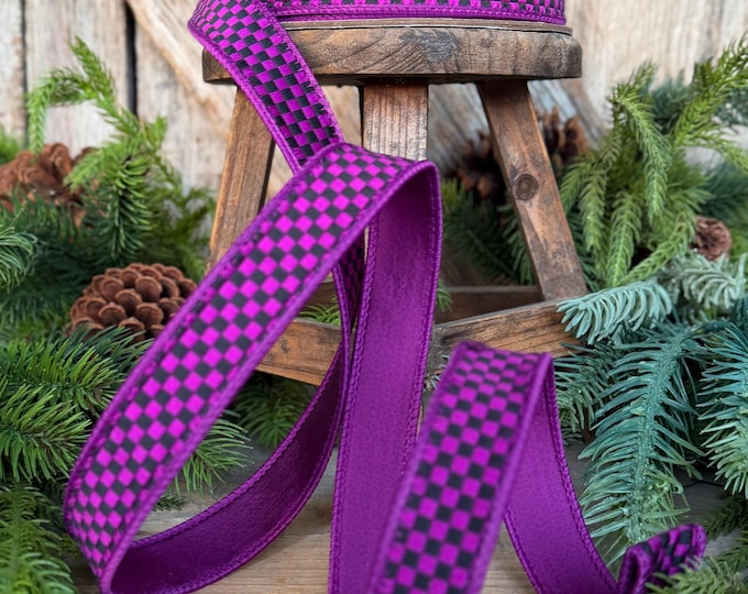 1" Purple Black  Halloween Ribbon, Farrisilk Ribbon, Kitschy Checks, RK848-86