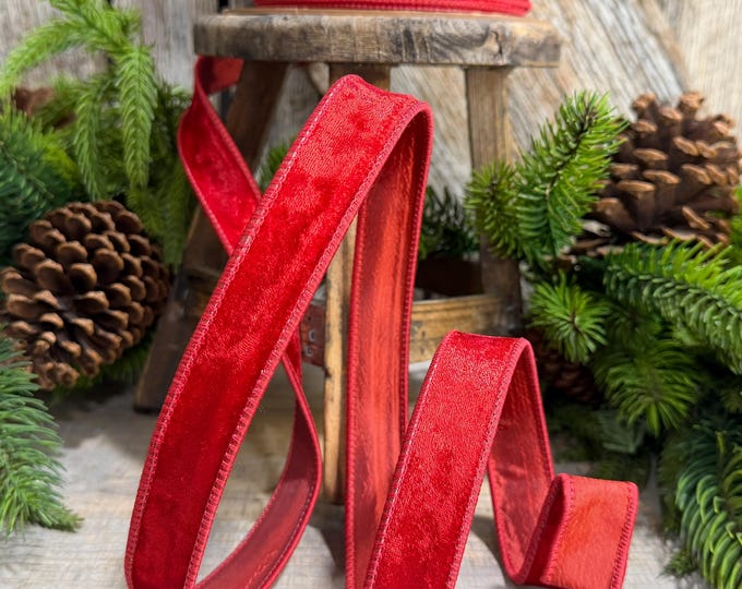 1" Red Velvet Ribbon, Red Velvet Ribbon, Christmas RIbbon, Heritage Velvet Ribbon