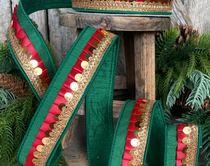 1" Green Red Festive Frills, Farrisilk RIbbon, Emerald Green Red Gold RIbbon, Christmas Ribbon, RK783-48