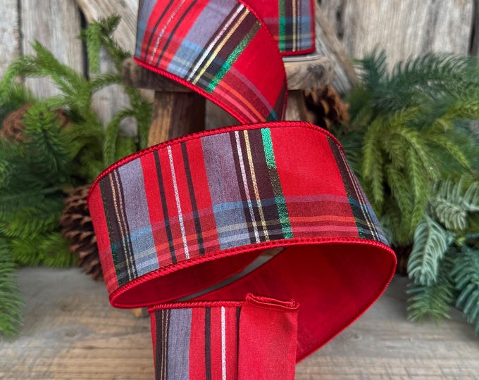 2.5" Traditional Christmas Plaid Ribbon, Wired Ribbon, Red Blue Christmas Plaid RIbbon