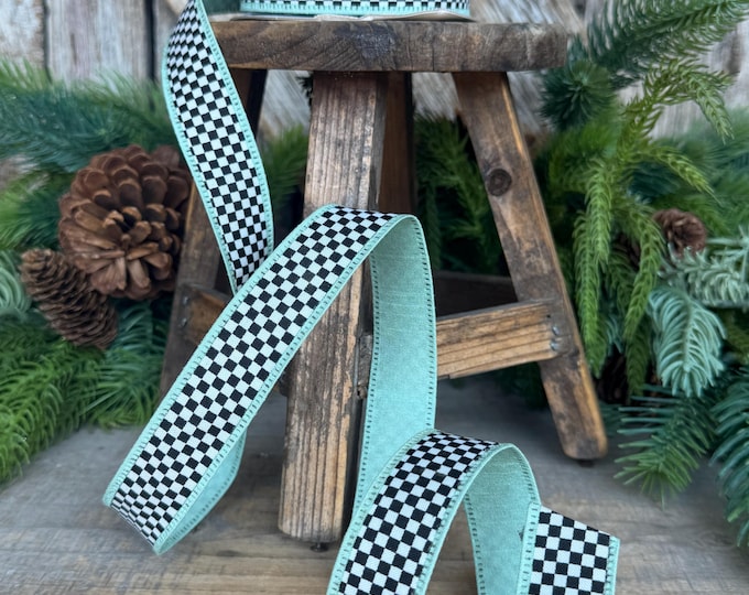 1" Black White Check Ribbon with Mint Green Trim