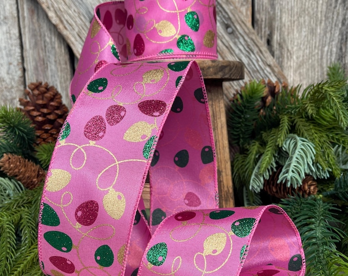 2.5" Pink Christmas Ribbon, Christmas Lights Ribbon, Bubblegum Pink Ribbon,  vintage christmas lights, Christmas tree ribbon