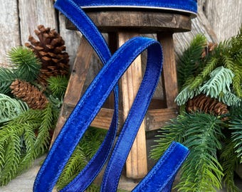 3/4" Blue Velvet Luster Wired Ribbon, Farrisilk Ribbon, Velvet Ribbon, Royal Blue Velvet Ribbon, Christmas Ribbon, Wired Ribbon, RV000-26