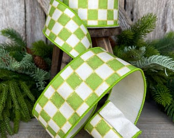 2.5" Lime Green Check Ribbon, Wired Ribbon, Farrisilk Ribbon, Lime Green White Check Ribbon, SR008-61