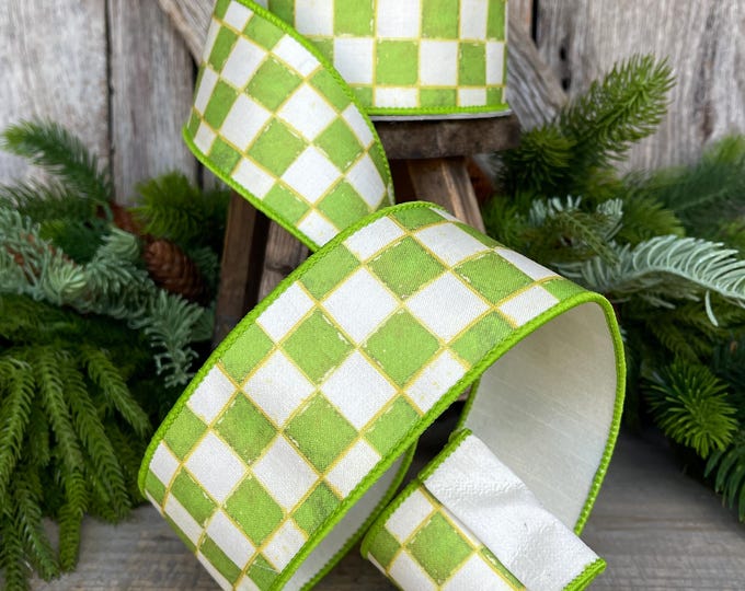 2.5" Lime Green Check Ribbon, Wired Ribbon, Farrisilk Ribbon, Lime Green White Check Ribbon, SR008-61