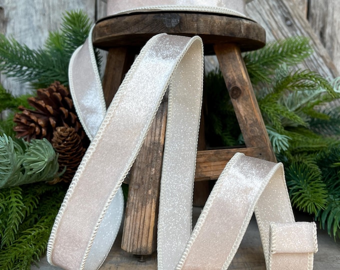 1" Ivory Pearl Velvet Ribbon, Farrisilk Ribbon, Pearl Ribbon, Christmas Ribbon, Plush Stardust ribbon, Designer Ribbon, RS206-63