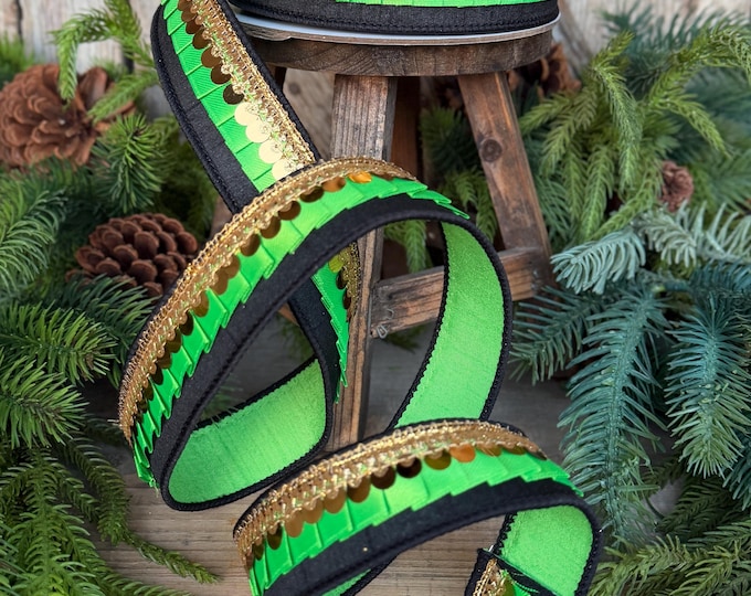 1.5" Halloween Ribbon, Tricks or Pleats, Farrisilk Ribbon, Wired Ribbon, Black Green Gold Ribbon, Designer Ribbon, Wreath Supply, RK730-61