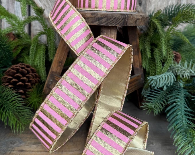 1.5" Pink Gold Ribbon, Pink & Gold Stripe Ribbon, CHristmas Ribbon, Pink Ribbon, Metallic Gold, Christmas Tree Ribbon, Gift Wrap