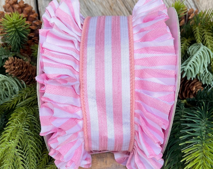 4.5" Pink Ruffle Ribbon, Farrisilk Ribbon, Pink Candy Wrap Ruffle, Pink Stripe Ribbon, Pink Christmas Ribbon, Ruffle Ribbon, RK865-14