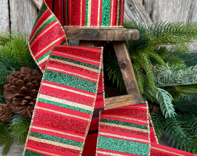 2.5" Red Green Gold Christmas Ribbon, Christmas Ribbon, 1.5" x 10 Yards