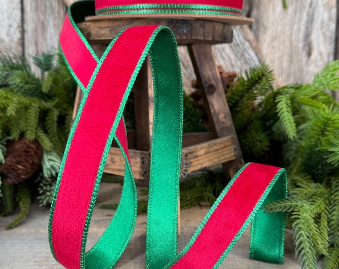 1" Red Green Velvet Ribbon, Christmas Velvet Ribbon