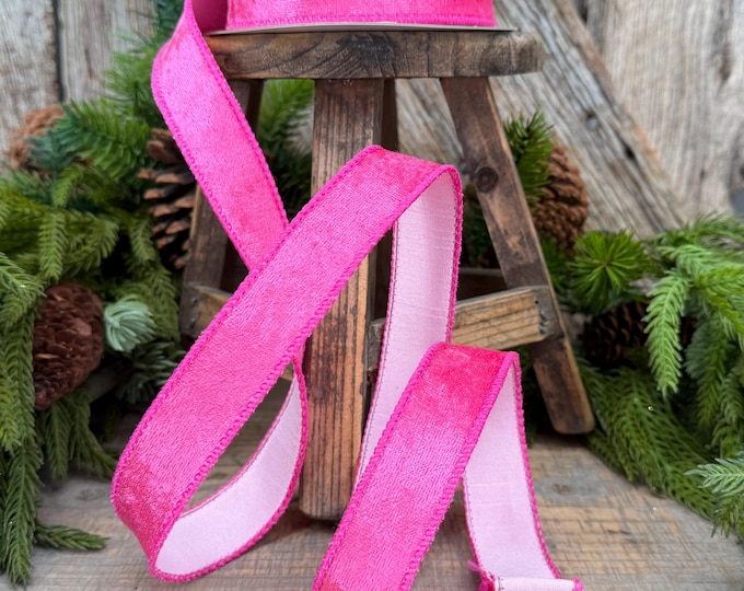 1" Hot Pink Velvet & Pink Dupioni Double-Sided Wired Ribbon, 10 Yard Roll