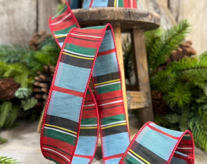 1.5" Dusty Blue Tartan Plaid Ribbon, Christmas Plaid Wired Ribbon, Red Blue Chirstmas Plaid RIbbon