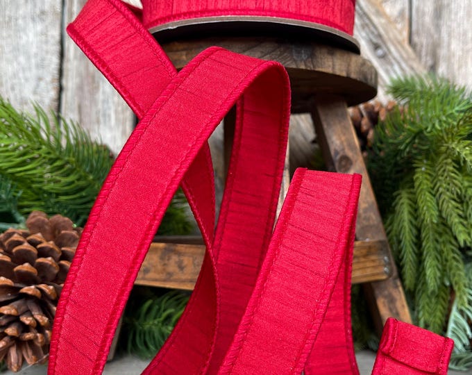 1” Red Dupion Ribbon, Farrisilk ribbon, Christmas Ribbon, Shimmering SIlk Ribbon