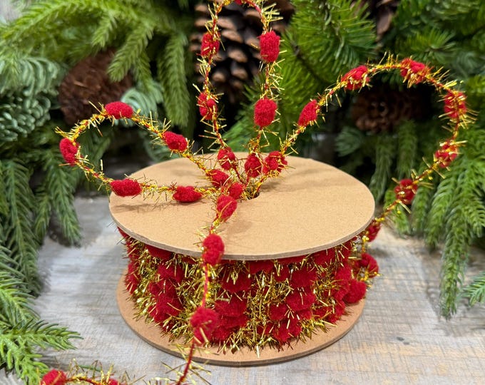 3/8" Red Pom Pom Tinsel Garland, Gold Metallic, 10 Yard Roll