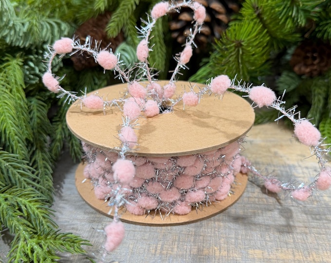 3/8" Pink Pom Pom Tinsel Garland, Silver Metallic, 10 Yard Roll