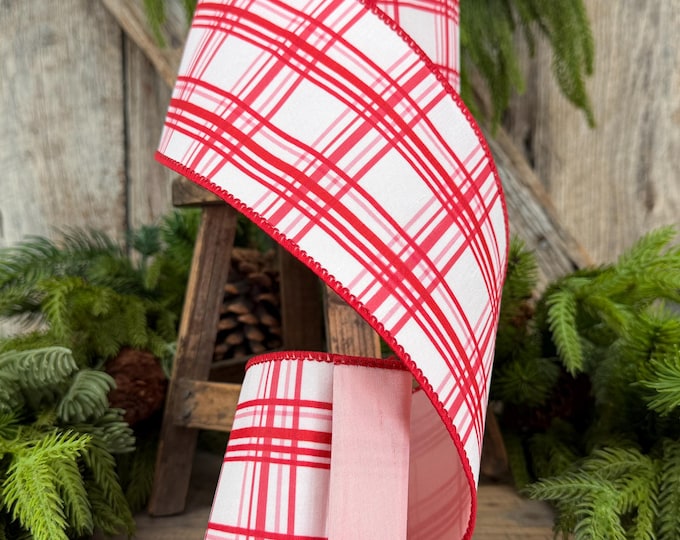 4” Pink Red Christmas Plaid Wired Ribbon, White with Pink Backing, 10-Yard Roll