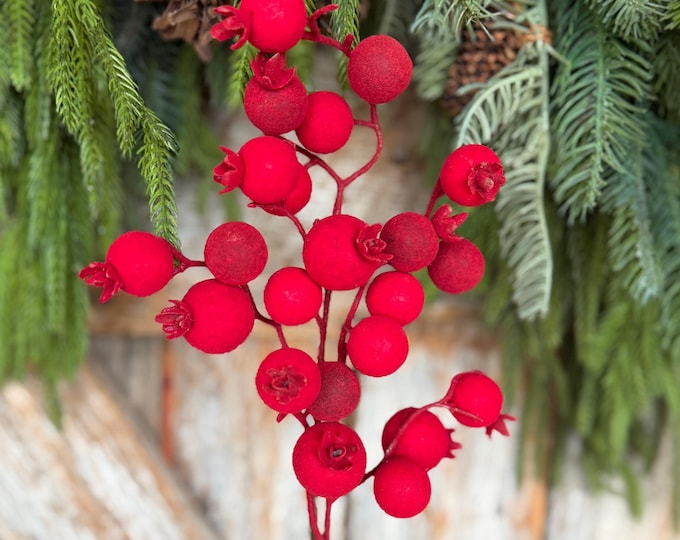 17" Red Flocked Berry Spray, Christmas Berry Spray