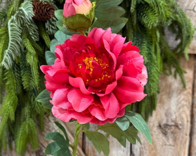 30" Hot Pink Peony Spray, Artificial Peony Flower Stem with Bud