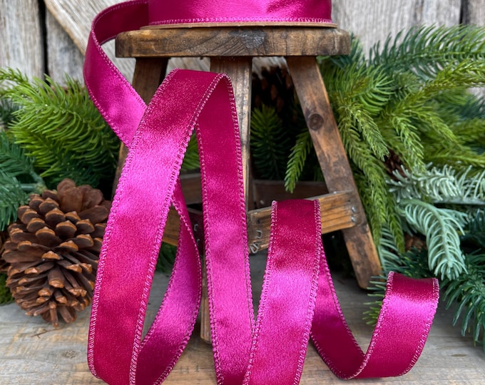 1" Hot Pink Satin Ribbon, Christmas Ribbon, Shimmer Satin Ribbon, Wired Ribbon, Hot Pink Ribbon
