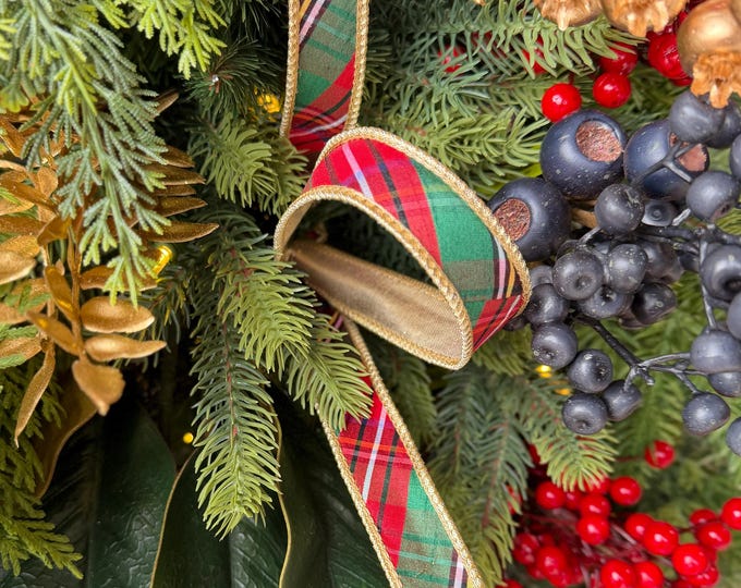 1" Dusty Blue Christmas Plaid Ribbon, Traditional Christmas Plaid Ribbon