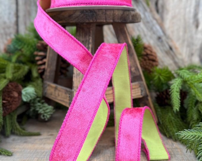 1" Hot Pink Velvet & Lime Green Dupioni Double-Sided Wired Ribbon, 10 Yard Roll