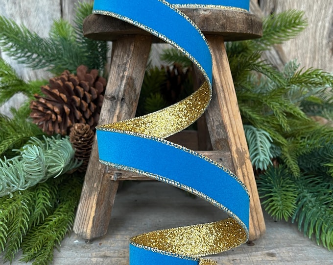 1" Blue Gold Gleam Ribbon, Farrisilk Ribbon, Wired Ribbon, Christmas Ribbon, Blue Ribbon, RS203-79