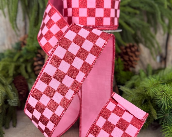 2.5" Pink Red Glitter Check Ribbon, Christmas Ribbon