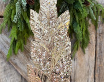29" Champagne Leaf Spray, Pearl Glitter Christmas Pick, Holiday Wreath Filler