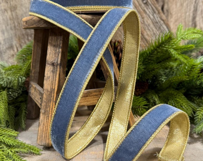 1" Steel Blue Flashy Velvet Ribbon, Farrisilk Ribbon, Dusty Blue Velvet Ribbon