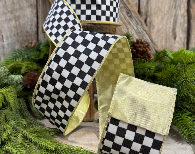 2.5" Black and White Check Ribbon, Christmas Ribbon