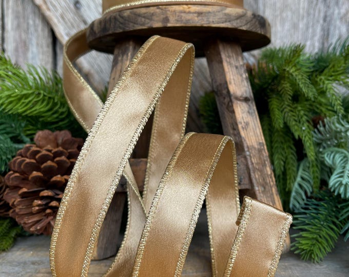 Gold Shimmer Wired Ribbon - Gold Christmas Ribbon, 1" x 10yds