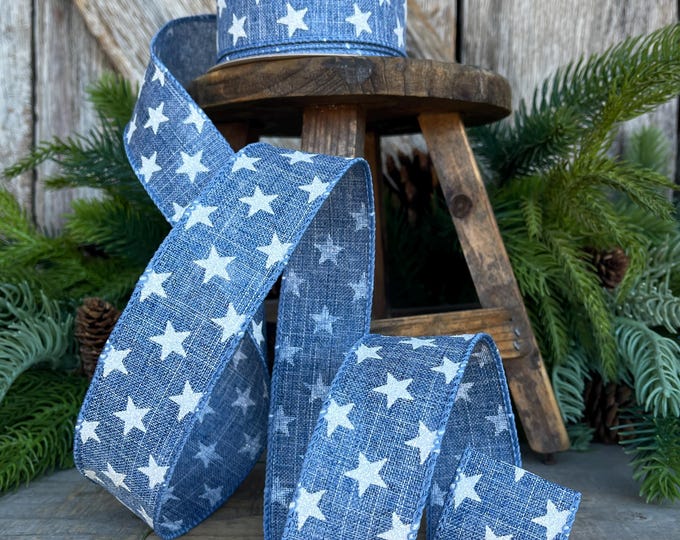 1.5" Patriotic Ribbon, Wired Ribbon, Star Ribbon, Denim Blue Ribbon, 4th of July Ribbon,