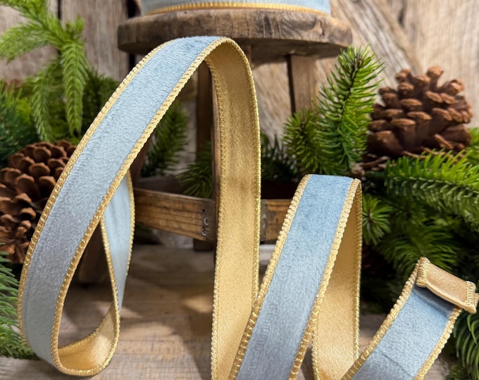 1" Steel Blue Velvet, French Blue Velvet Ribbon, Wired Ribbon, Ribbon, Velvet Ribbon, Christmas Ribbon, Blue and Gold Ribbon