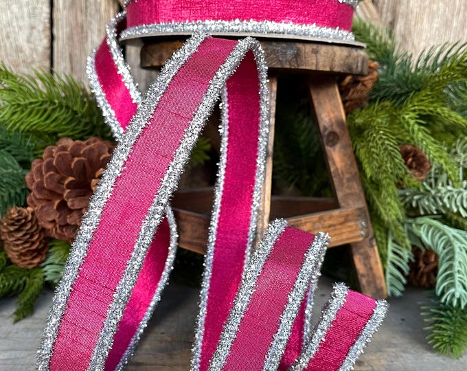 1" Hot Pink & Silver Tinsel Ribbon, Christmas Ribbon, Farrisilk ribbon, 1" x 10 yards