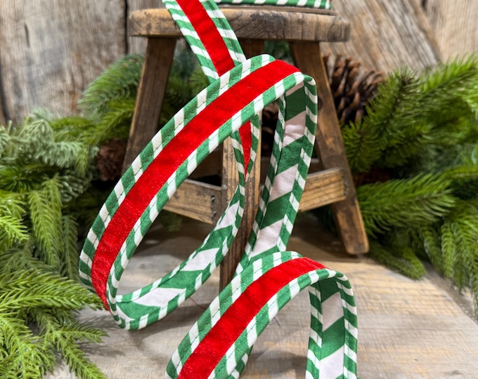 1" Red Green Ticking Stripe Velvet Wired Ribbon, 5 Yard Roll