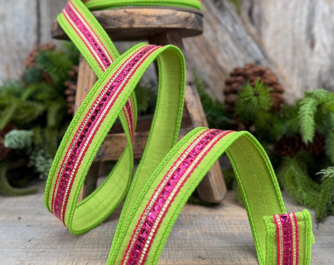 1" Lime Green & Hot Pink Twinkle Trim Wired Ribbon, 10 Yard Roll, Farrisilk
